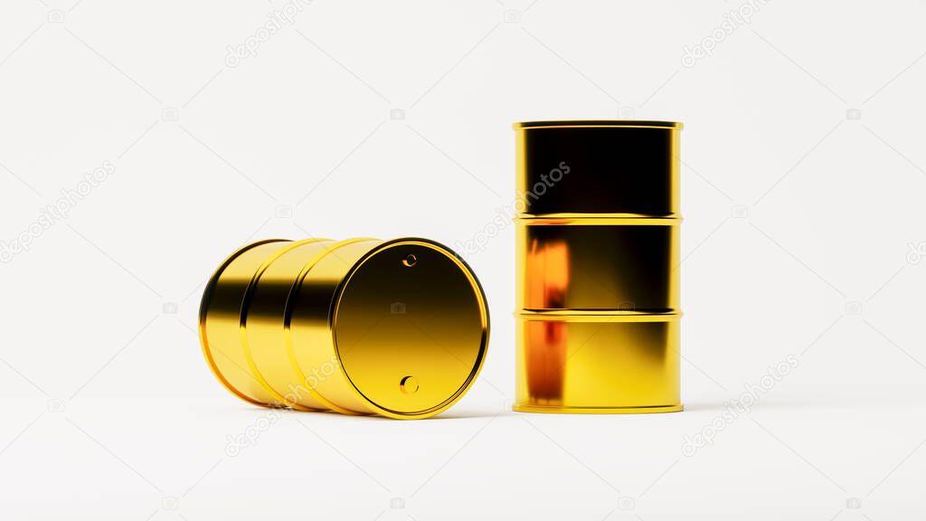 two gold metal barrels for oil products or other use isolated on a white background. 3d render
