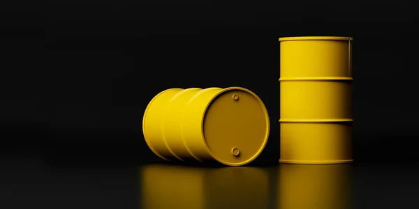 Два Желтых Бочки Металла Нефтепродуктов Другого Использования Изолированы Черном Фоне — стоковое фото