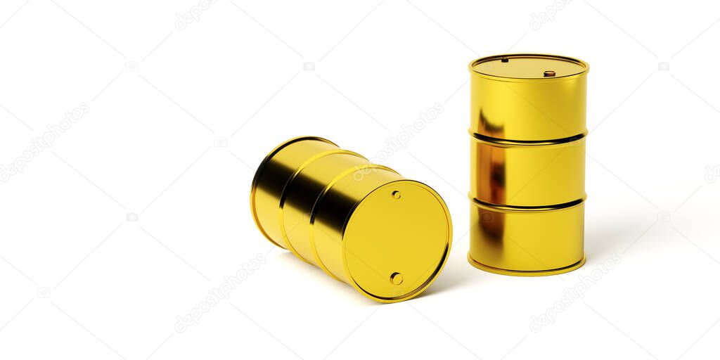 two gold metal barrels for oil products or other use isolated on a white background. 3d render