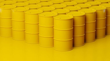 Sarı arka planda sarı metal variller. Sanat deposu. Arkaplan ya da duvar kağıdı. 3d hazırlayıcı