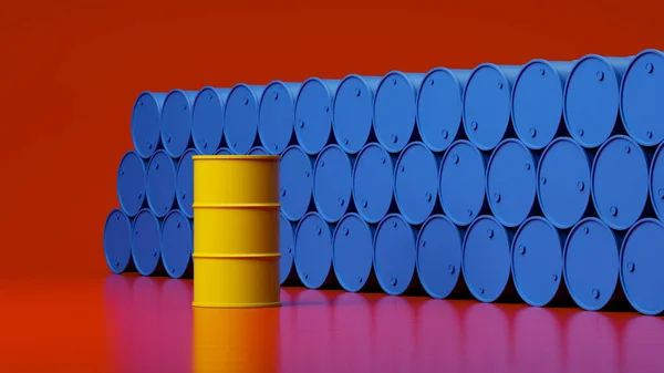 赤の背景に青い樽と自立した黄色の樽でラック 背景や壁紙 3Dレンダリング — ストック写真