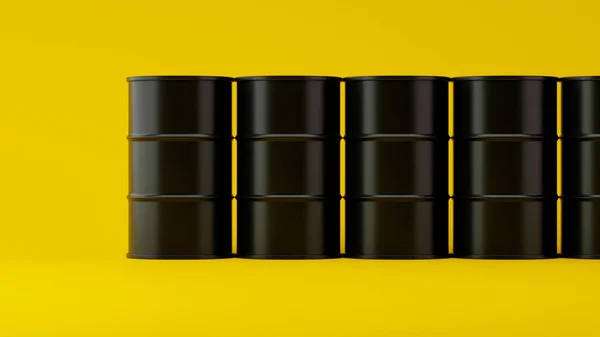 黄色の背景に隔離された石油製品や化学物質のための黒い樽の列 背景や壁紙 3Dレンダリング — ストック写真