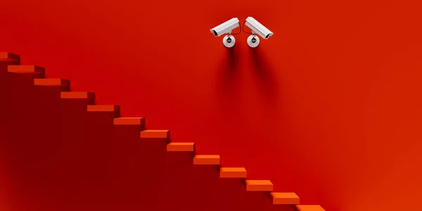 Dos Cámaras Vigilancia Pared Roja Apuntando Hacia Las Escaleras Concepto —  Fotos de Stock