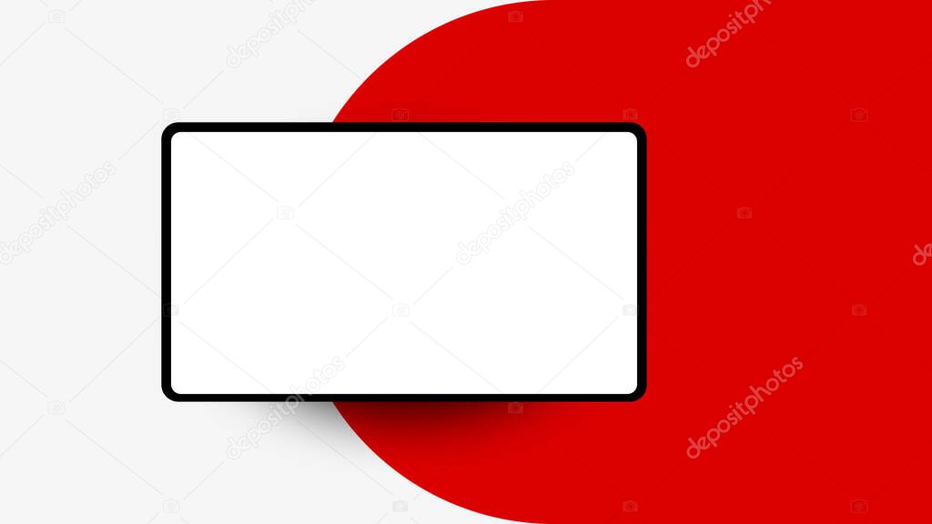 horizontal white blank screen in a black frame on a background with a red pattern. Tablet template or mockup. illustration
