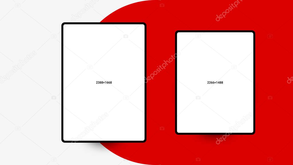 two vertical arrangements of white blank screens in a black frame on a background with a red pattern. Tablet template or mockup. 1488x2266 and 1668x2388 pixels. illustration