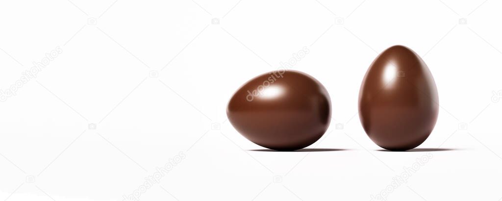 3D rendering, two chocolate eggs on a white background, banner, space for text, wallpaper