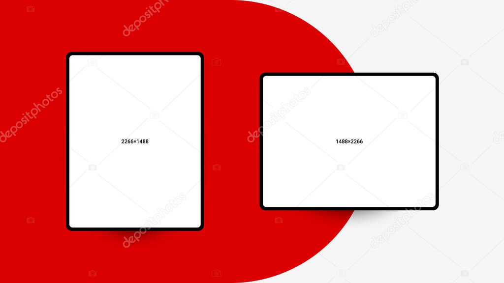 two white blank screens in a black frame on a background with a red pattern. Tablet template or mockup. 1488x2266 and  2266x1488 pixels. illustration