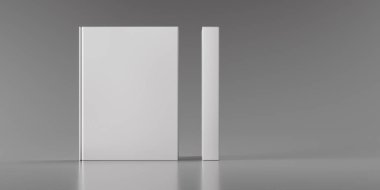 Kitabın beyaz kapaklı iki yüzü gri arka planda izole edilmiş. Kitap kapağı. Yaratıcılık için düzen ya da şablon. 3d hazırlayıcı