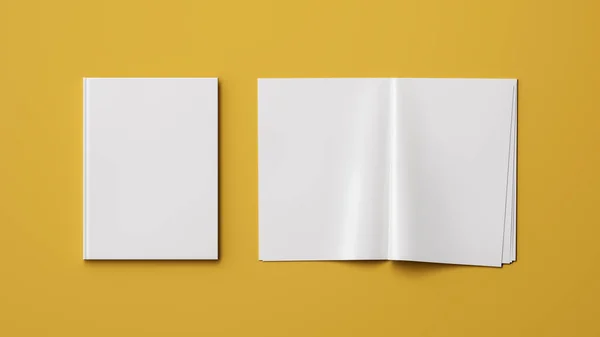 Set White Open Closed Blank Magazine Book Isolated Yellow Background Stok Fotoğraf