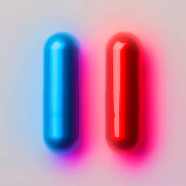 Two Glowing Neon Capsules Medicine Pills Red Blue Pills Choice — ストック写真