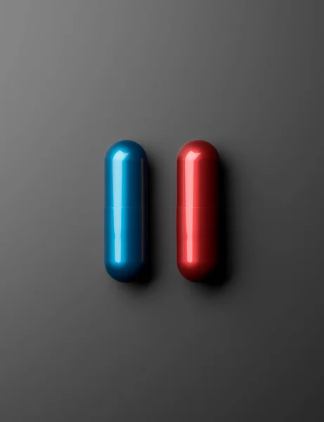 Két Gyógyszer Kapszula Vagy Tablettát Izolált Sötét Alapon Piros Kék — Stock Fotó