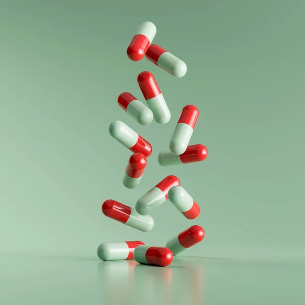 Cadere Pillole Rosso Verdi Una Superficie Verde Falsificazione Modello Rendering — Foto Stock