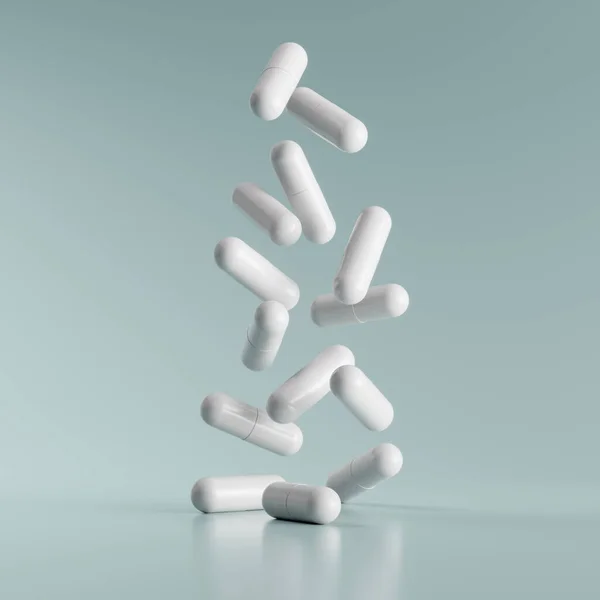 Cair Comprimidos Brancos Numa Superfície Azul Mock Modelo Renderização — Fotografia de Stock