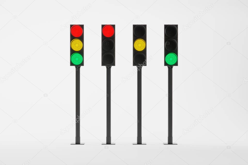 set of four traffic lights with signals of different colors isolated on white background. Mock-up or source. 3d render