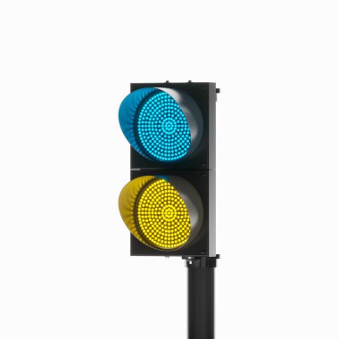 Mavi ve sarı renkli çifte trafik ışığı perspektifi. Ukrayna 'nın ulusal renkleri. İmzala ya da metafor yap. 3d hazırlayıcı
