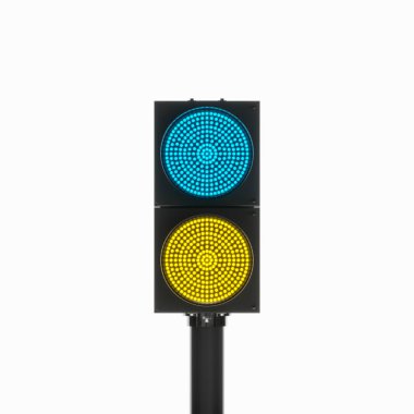 Önden mavi ve sarı renkli çifte trafik ışığı görünüyor. Ukrayna 'nın ulusal renkleri. İmzala ya da metafor yap. 3d hazırlayıcı