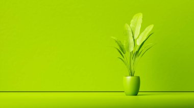 Stüdyoda yeşil arka planda, mor tencerelerde bulunan yeşil bitkiler. Dekoratif plastik bitkiler. Kalıp ya da duvar kağıdı. 3d hazırlayıcı