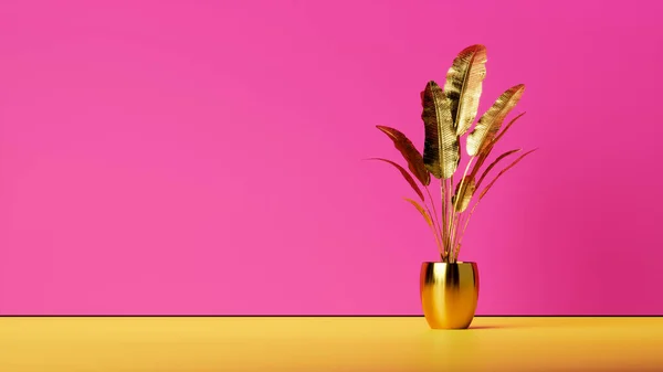 Golden plant in a golden pot on a pink background in the studio. Decorative plastic plant. Mock-up or wallpaper. 3d rendering