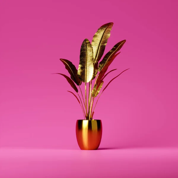 Golden plant in a golden pot on a pink background in the studio. Decorative plastic plant. Mock-up or wallpaper. 3d rendering