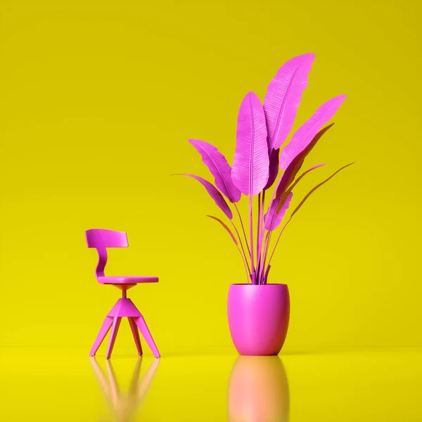 Set Decorative Purple Plants Purple Pots Chair Yellow Background Bright — Stok fotoğraf