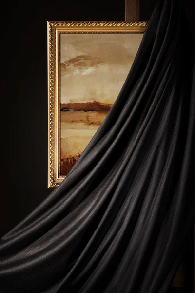 Old picure in ornate vintage frame behind the black curtain — Stock Photo, Image