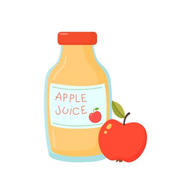 Cam şişedeki elma suyu. Kırmızı Elma. Düz biçimli vektör illüstrasyonu.