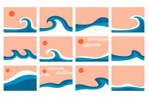 Set Illustrazioni Con Onde Blu Dell Oceano Illustrazione Vettoriale Vettoriale Stock