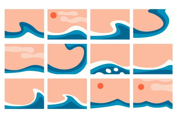 Set Illustrazioni Con Onde Blu Dell Oceano Illustrazione Vettoriale Grafiche Vettoriali