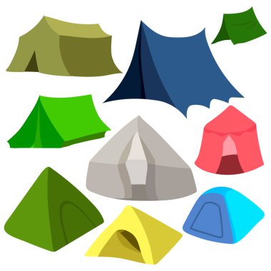 Yürüyüş ve kamp için çadırlar. Vektör illüstrasyonu.