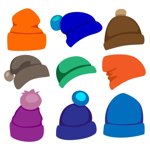 Conjunto Nove Chapéus Inverno Cores Diferentes Ilustração Vetorial — Vetor de Stock