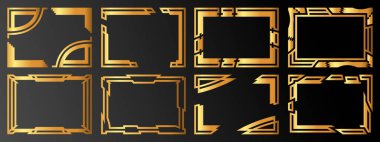 Bir dizi alışılmadık çerçeve, siyah bir arkaplanda izole edilmiş altın renkli çerçeveler. Vektör illüstrasyonu.