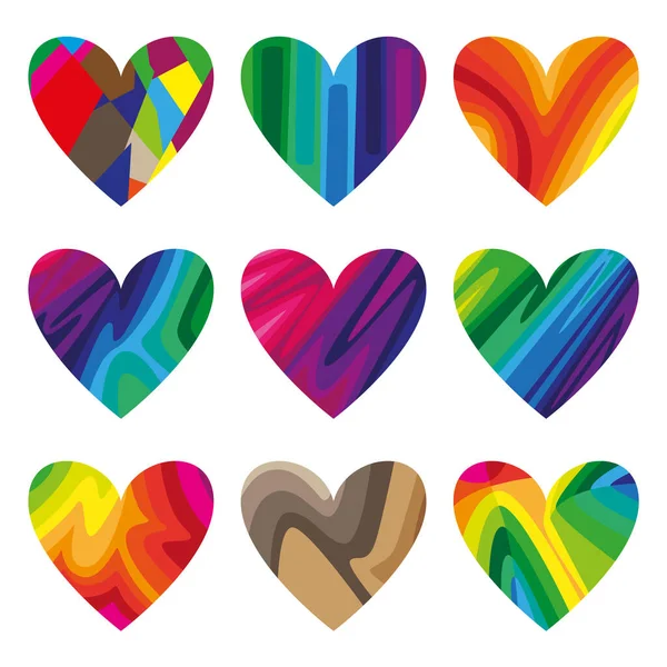 Dokuz Parlak Renkli Kalbin Bir Tasviri Vektör Illüstrasyonu — Stok Vektör