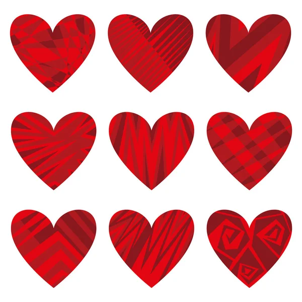 Иллюстрация Девяти Красных Сердец Абстрактной Заливкой Векторная Иллюстрация — стоковый вектор