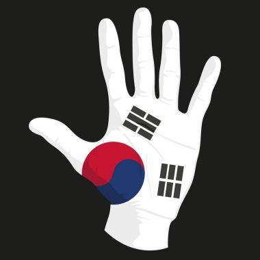 Güney Kore bayrağının insan eli üzerindeki görüntüleri. Vektör illüstrasyonu.