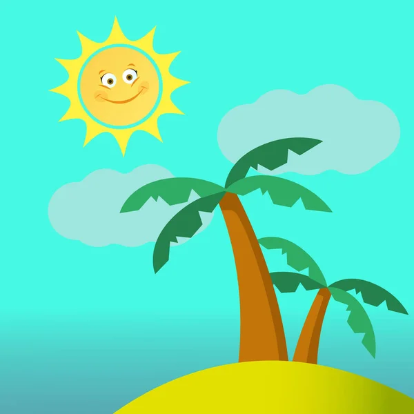 Deux Palmiers Dessin Animé Contre Ciel Bleu Soleil Souriant Illustration — Image vectorielle