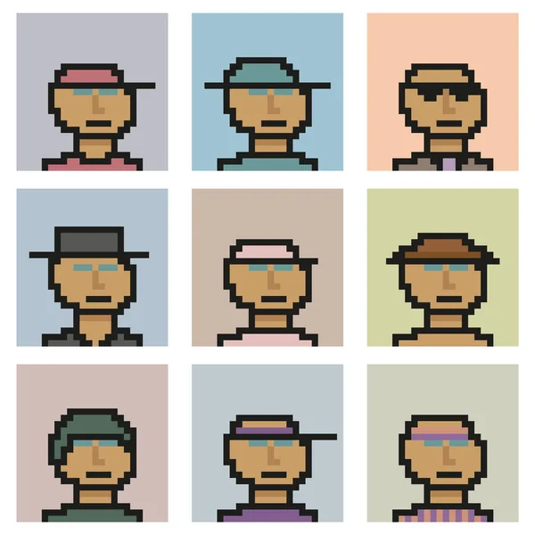 Множество Простых Пиксельных Лиц Людей Векторная Иллюстрация — стоковый вектор