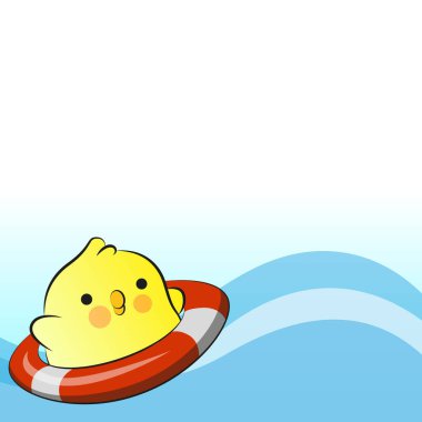 Denizdeki can simidindeki sevimli yuvarlak tavuk. Vektör illüstrasyonu.