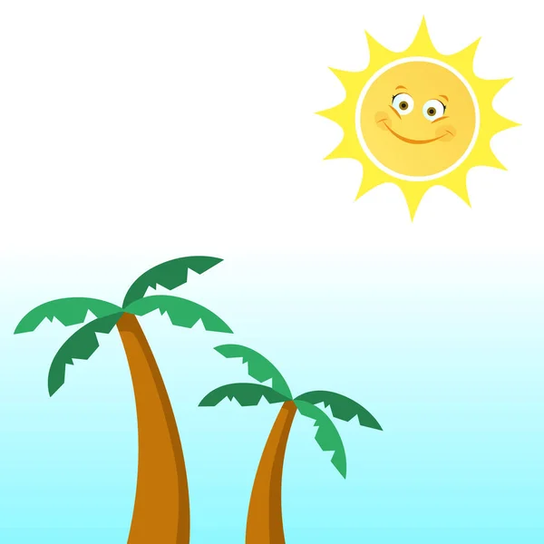 Two Cartoon Palm Trees Blue Sky Smiling Sun Vector Illustration — Stock Vector