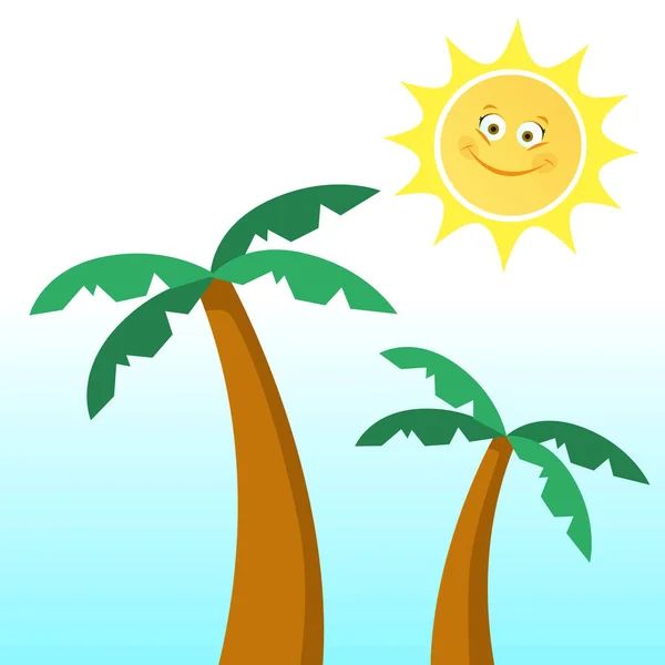 Deux Palmiers Dessin Animé Contre Ciel Bleu Soleil Souriant Illustration — Image vectorielle