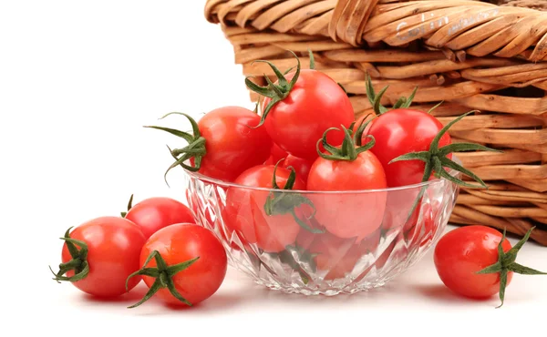 Tomates cherry en una rama con gotas aisladas en blanco — Foto de Stock