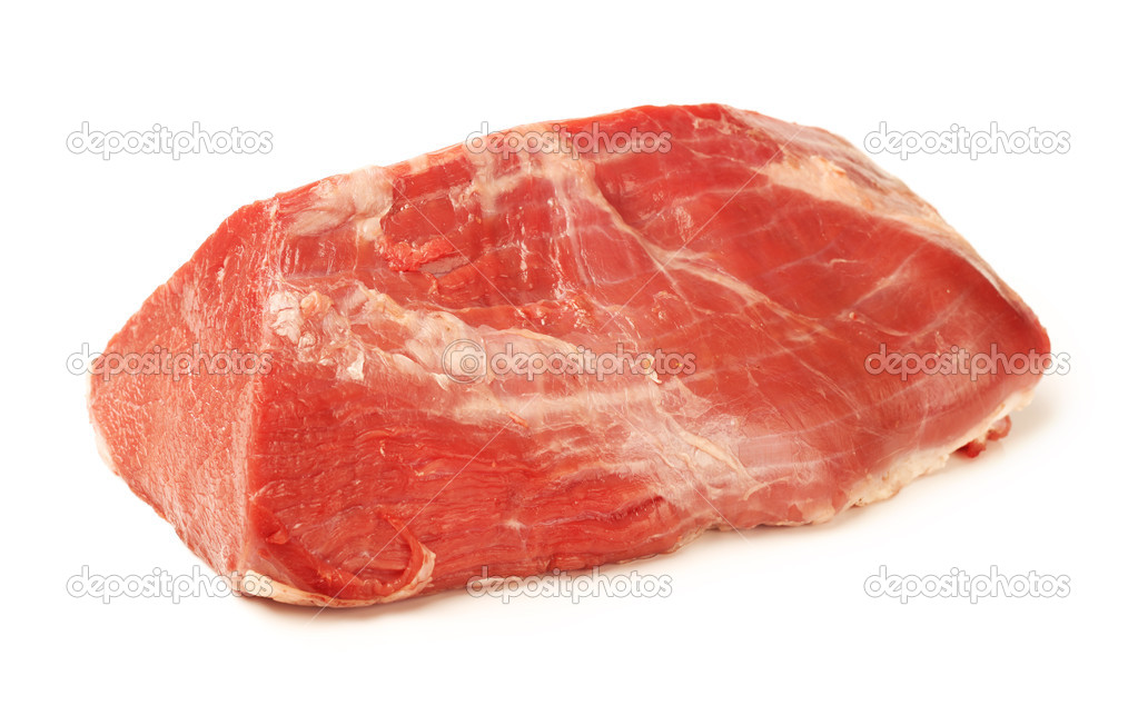 Raw beef in wooden board isolated on white background