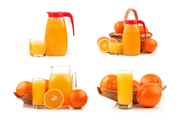 Повне скло і жонглювання апельсинового соку на білому тлі — стокове фото