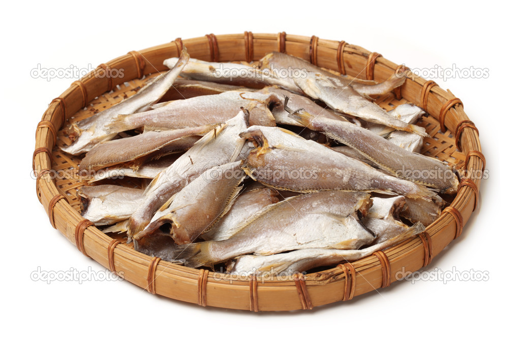 Dried fishes on white background