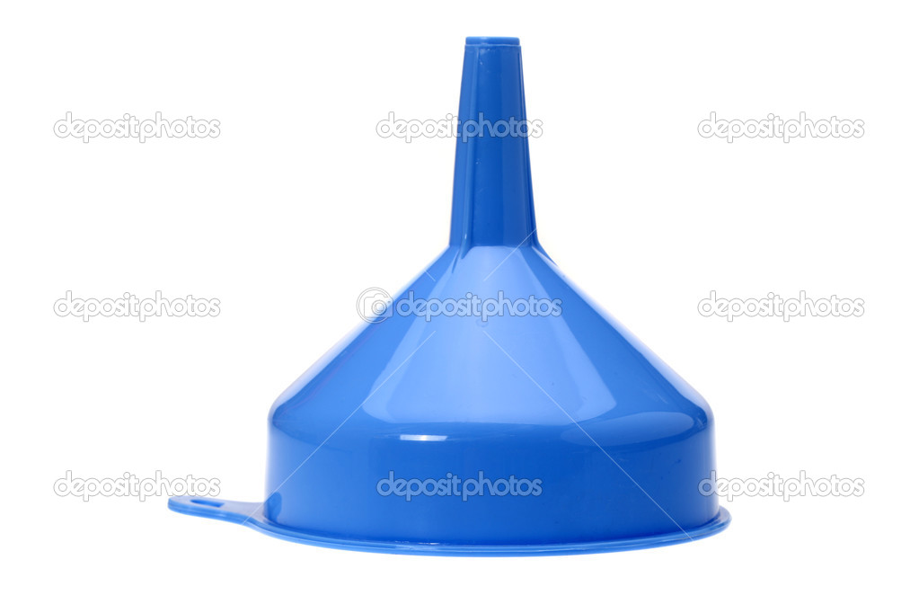 Closeup of a blue funnel isolated on a white background