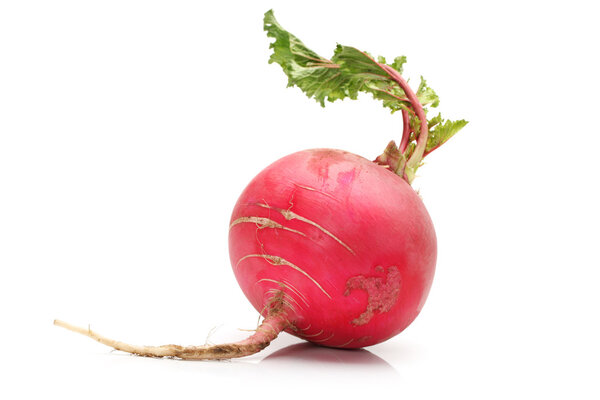 Fresh red radish with green leaf on white background