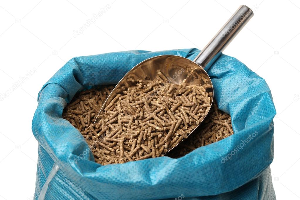 Bag of rabbit feed on white background