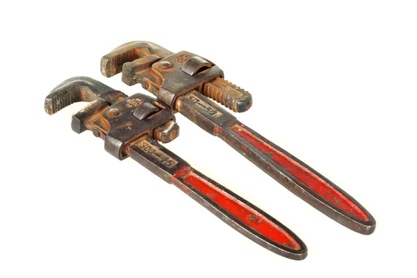 Old Vintage red handled plumbers pipe wrench — Stock Photo, Image