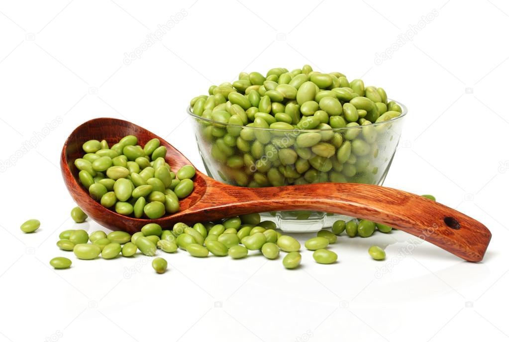 Soy beans, spoon, bowl