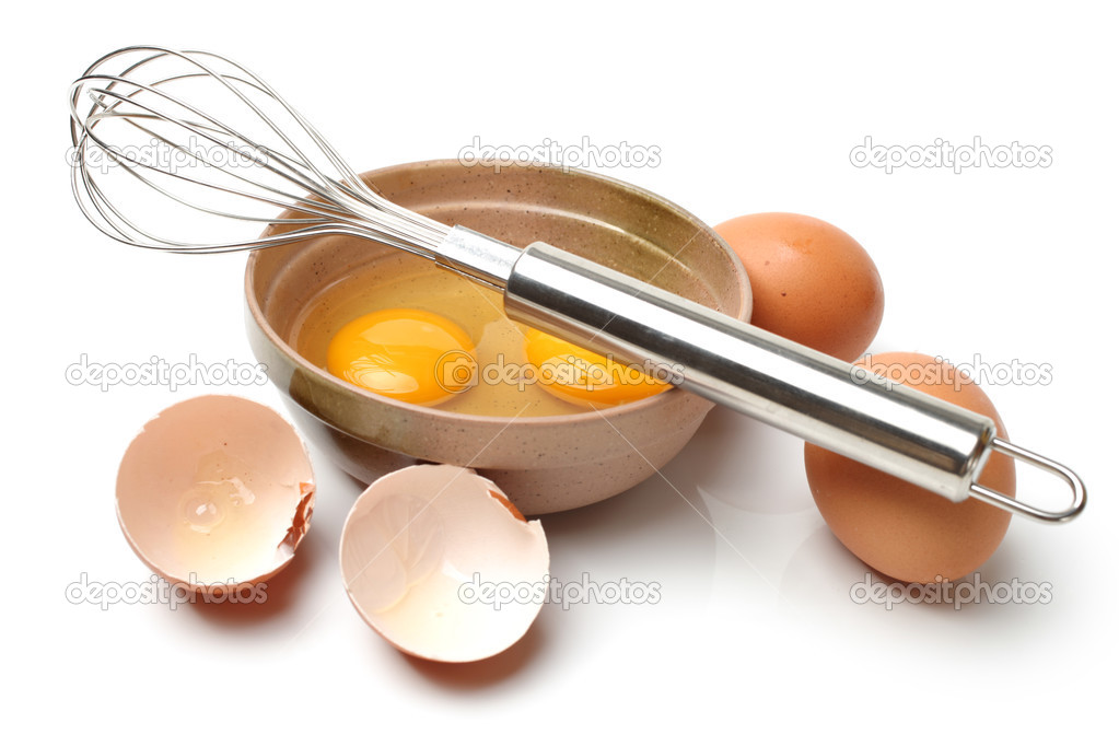 Wire whisk, eggs, yolks