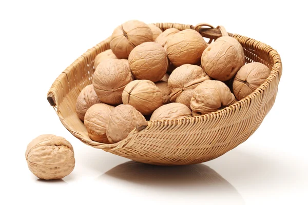 Walnuts with braided tray — Stock Photo, Image